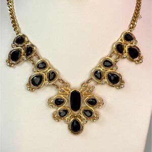 NY Black & Clear Rhinestone Goldtone Necklace Vintage-Inspired Statement Jewelry